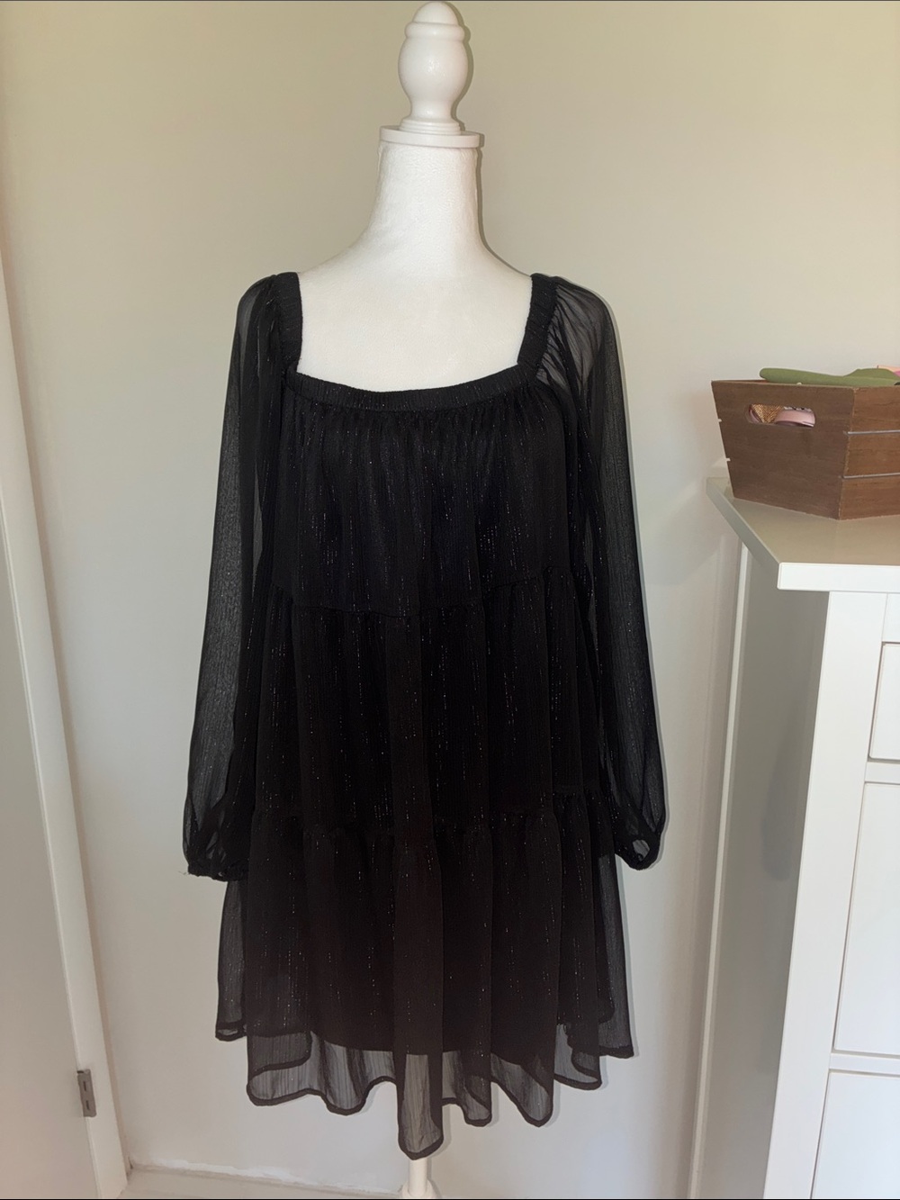 Altar'd State Black Sheer Long-Sleeve Tiered Mini Dress